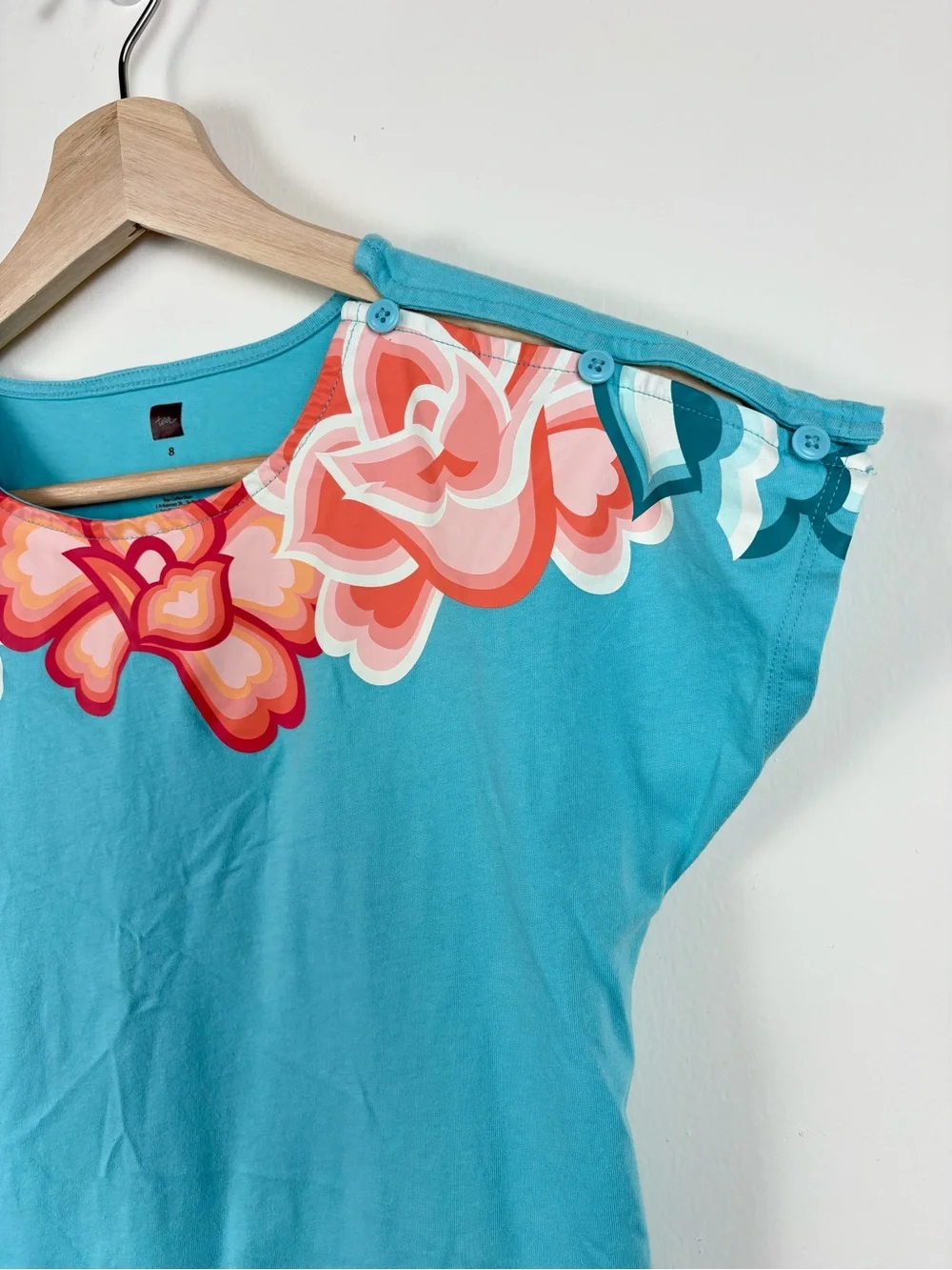 Tea Collection Girls Size 8 Turquoise Blue Floral Yoke T-Shirt Shift Dress